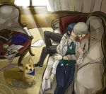  androgynous bandana blazer blue_hair blush book bowtie cabbie_hat couch couple cup dog from_above glasses glasses_removed grey_hair hat hug kazuki_(kazu-king) kazuki_(pixiv300776) kiss lap_pillow narukami_yuu pants persona persona_4 reclining reverse_trap room seta_souji shirogane_naoto short_hair sunlight teacup thigh_gap vest welsh_corgi 