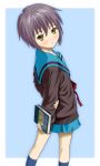  book cardigan ichikawa_masahiro looking_back nagato_yuki purple_hair school_uniform short_hair skirt socks suzumiya_haruhi_no_yuuutsu yellow_eyes 