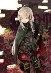  1girl :o absurdres ak-74m ak74m_(girls&#039;_frontline) ammunition_belt ammunition_pouch assault_rifle bangs black_legwear blonde_hair breasts camouflage camouflage_cloak camouflage_gloves chrom_3201 cloak eyebrows_visible_through_hair feet_out_of_frame girls_frontline gloves green_cloak green_gloves gun hair_ornament headphones headset highres holding holding_gun holding_weapon holster jacket kalashnikov_rifle long_hair looking_away medium_breasts open_mouth pantyhose pouch red_skirt rifle russian_flag russian_text serious skirt snowflake_hair_ornament solo standing tactical_clothes violet_eyes weapon 