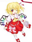 abyss_of_parliament blonde_hair bow flandre_scarlet hat hat_removed headwear_removed holding holding_hat north_abyssor open_mouth red_eyes ribbon short_hair smile touhou wings wink wrist_cuffs 