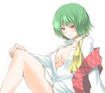  blush breasts cleavage erect_nipples green_hair kazami_yuuka legs no_bra open_clothes open_shirt plaid_vest red_eyes seductive_smile shirt short_hair simple_background smile toobane touhou untied white_background 