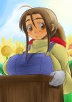  bad_id breasts brown_eyes brown_hair flower freckles hat huge_breasts overalls solo straw_hat sunflower za_(artist) 