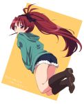 bare_legs boots denim denim_shorts from_behind hands_in_pockets hoodie jumping long_hair looking_back mahou_shoujo_madoka_magica mouth_hold pentagon pocky ponytail red_eyes red_hair redhead sakura_kyouko shorts solo thighs 