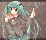  blazer blush bowtie gift green_eyes green_hair hatsune_miku holding holding_gift long_hair open_mouth pointing purinko school_uniform skirt solo twintails valentine very_long_hair vocaloid 