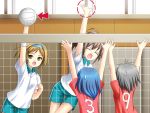  amano_yuu arms_up blue_hair brown_eyes brown_hair directional_arrow dotted_line dotted_outline game_cg gym_uniform jumping meidi!_~goshujin-sama_wa_doukyuusei~ multiple_girls net short_hair silver_hair sweatdrop volleyball volleyball_net 