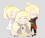  2girls blonde_hair brother_and_sister chibi closed_eyes commentary_request crying dress gladio_(pokemon) hug lillie_(pokemon) lusamine_(pokemon) mother_and_daughter mother_and_son multiple_girls pokemon pokemon_(game) pokemon_sm ponytail sabamoon1717 siblings tears 