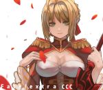  1girl ahoge blonde_hair breasts cleavage copyright_name epaulettes fate/extra fate/extra_ccc fate/grand_order fate_(series) green_eyes large_breasts mizu_(dl7613) petals saber_extra short_hair simple_background solo upper_body white_background 