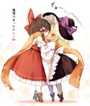  2girls :d ;o ^_^ bare_shoulders blonde_hair blush boots bow brown_hair closed_eyes commentary couple detached_sleeves dress hair_bow hair_tubes hakurei_reimu hat heart high_heel_boots high_heels hug juliet_sleeves kirisame_marisa large_bow long_hair long_sleeves multiple_girls one_eye_closed open_mouth pantyhose piyokichi puffy_sleeves scarf shared_scarf short_hair smile tiptoes touhou translated wavy_hair white_legwear witch_hat yellow_eyes yuri 