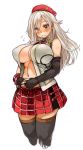  1girl alisa_ilinichina_amiella black_gloves black_legwear blue_eyes blush boots breasts elbow_gloves fingerless_gloves gloves god_eater hat highres large_breasts long_hair navel plaid plaid_skirt sachito silver_hair simple_background skirt solo thigh-highs thigh_boots under_boob white_background 