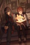  2boys :d alexander_(fate/grand_order) bianyuanqishi black_hair book braid brown_eyes fate/grand_order fate_(series) hair_over_shoulder hands_together highres horse kneehighs long_hair lord_el-melloi_ii magic male_focus multiple_boys necktie open_mouth painting_(object) red_eyes redhead reflection reflective_floor rider_(fate/zero) shoes single_braid sitting smile stairs waver_velvet wooden_floor 