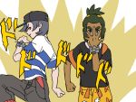  2boys arm_up backpack bag bangs bangs_pinned_back baseball_cap black_hair black_hat black_shirt caesar_anthonio_zeppeli capri_pants dark_skin gguinep green_hair grey_eyes hair_ornament hairclip hand_over_face hat hau_(pokemon) jojo_no_kimyou_na_bouken jojo_pose joseph_joestar_(young) looking_at_viewer male_focus male_protagonist_(pokemon_sm) multiple_boys pants parody pokemon pokemon_(game) pokemon_sm pose shirt short_hair shorts sidelocks striped striped_shirt swept_bangs t-shirt topknot yellow_shorts z-ring 