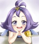  1girl :3 :d acerola_(pokemon) armlet bangs bare_arms blush body_blush collarbone dress elite_four eyelashes eyes_visible_through_hair fingernails flat_chest flipped_hair hair_ornament half_updo hands_on_own_cheeks hands_on_own_face heart heart-shaped_pupils lips looking_at_viewer lying on_stomach open_mouth pokemon pokemon_(game) pokemon_sm purple_hair short_hair smile solo stitches symbol-shaped_pupils teeth tongue trg_(pixiv) trial_captain violet_eyes 
