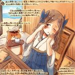  1girl asakaze_(kantai_collection) blue_eyes blue_hakama blue_ribbon bow brown_hair chair colored_pencil_(medium) cup hair_bow hair_ribbon hakama hamster japanese_clothes kantai_collection kirisawa_juuzou light_brown_hair long_hair meiji_schoolgirl_uniform mug non-human_admiral_(kantai_collection) one_eye_closed ribbon sitting table traditional_media translation_request tray waking_up wavy_hair 