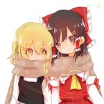  2girls blonde_hair blush bow brown_eyes brown_hair couple covered_mouth detached_sleeves eye_contact frilled_shirt_collar frills hair_bow hair_ornament hair_tubes hairclip hakurei_reimu kirisame_marisa kosencha large_bow long_hair looking_at_another multiple_girls no_hat no_headwear scarf shared_scarf side-by-side skirt skirt_set smile star star_print touhou vest yuri 