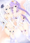  2girls :o angel_wings asymmetrical_docking bikini black_heart blue_eyes braid breast_press breasts choujigen_game_neptune circlet cleavage closed_mouth colored_eyelashes cowboy_shot detached_collar elbow_gloves feathered_wings female flower garter_straps gem gloves hair_between_eyes hair_flower hair_ornament hand_holding highres long_hair looking_at_viewer medium_breasts multiple_girls navel neptune_(choujigen_game_neptune) neptune_(series) noire parted_lips purple_hair purple_heart sapphire_(stone) see-through shikapiro smile standing stomach swimsuit symbol-shaped_pupils twin_braids very_long_hair white_bikini white_gloves white_hair white_legwear white_wings wings yuri 