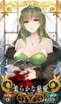  1girl blood breasts card card_(medium) cleavage collarbone company_name copyright_name craft_essence fate/grand_order fate_(series) green_hair jewelry long_hair looking_at_viewer necklace official_art redrop rikudou_reika smile solo star 