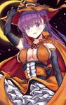  1girl artist_name bb_(fate/extra_ccc) breasts detached_sleeves fate/extra fate_(series) hair_ribbon halloween halloween_costume highres i.f.s.f matou_sakura night night_sky purple_hair ribbon sky solo violet_eyes 