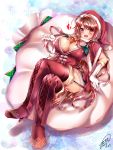  1girl :d bell between_breasts blush boots breasts brown_hair capelet cleavage garter_straps gloves hat heart highres jotti large_breasts long_hair looking_at_viewer lying on_back open_mouth pink_eyes red_legwear sack santa_costume santa_hat signature smile solo thigh-highs thigh_boots very_long_hair white_gloves 