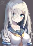  1girl alternate_hair_length alternate_hairstyle artist_name between_breasts black_background blue_eyes blush breasts collarbone eyebrows_visible_through_hair eyes_visible_through_hair grey_background hair_ornament hair_over_one_eye hairclip hamakaze_(kantai_collection) highres kantai_collection long_hair looking_at_viewer medium_breasts neckerchief okotoburi open_mouth parted_lips school_uniform serafuku short_sleeves signature silver_hair simple_background solo upper_body yellow_neckerchief 