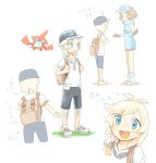  1boy 1girl ace_trainer_(pokemon) backpack bag baseball_cap black_gloves black_hat blonde_hair blue_eyes boots brown_eyes brown_hair capri_pants character_sheet gloves hat hood hoodie male_protagonist_(pokemon_sm) npc pants player_character pokedex pokemon pokemon_(creature) pokemon_(game) pokemon_sm rotom shoes short_hair shorts simple_background sleeveless sleeveless_hoodie sneakers translation_request visor_cap white_background ziro_(daydozen) 