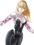  1girl akx90000 armpits bangs blonde_hair blue_eyes bodysuit breasts closed_mouth covered_navel cowboy_shot gwen_stacy hairband looking_at_viewer marvel medium_breasts short_hair skin_tight solo spider-gwen spider_web_print superhero turtleneck 