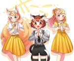  3girls alternate_costume alternate_hairstyle animal_ears bangs black_legwear black_necktie black_shorts blonde_hair blue_eyes blush bow breasts brown_hair cat_ears cat_tail chen chestnut_mouth collared_shirt commentary_request cosplay dress fangs fox_ears fox_tail gloves hair_bow hair_bun hand_gesture hands_together hoshino_gen hoshino_gen_(cosplay) ibarashiro_natou legs long_hair long_sleeves looking_at_viewer medium_breasts multiple_girls multiple_tails necktie no_hat no_headwear open_mouth orange_eyes puffy_short_sleeves puffy_sleeves reflective_eyes ribbon shirt short_hair short_sleeves shorts sidelocks simple_background skirt smile striped striped_shirt suspender_shorts suspenders tail thigh-highs tie_clip tongue touhou two_tails violet_eyes white_background white_gloves white_shirt yakumo_ran yakumo_yukari yellow_dress yellow_skirt 