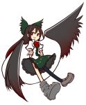  1girl arms_behind_back bird_wings black_hair black_wings bow cape collared_shirt eyeball feathered_wings full_body green_bow green_skirt hair_bow holding_arm loafers long_hair looking_away pantyhose puffy_short_sleeves puffy_sleeves red_eyes reiuji_utsuho shinmon_akika shirt shoes short_sleeves skirt smile solo third_eye touhou white_background white_shirt wings 