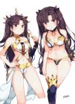  1girl arm armlet bare_arms bare_legs bare_shoulders black_hair breasts deru06 detached_sleeves earrings fate/grand_order fate_(series) female gem hair_ribbon highres hoop_earrings ishtar_(fate/grand_order) jewelry legs long_hair looking_at_viewer medium_breasts midriff multiple_views navel neck pelvic_curtain revealing_clothes ribbon single_sleeve single_thighhigh small_breasts smile solo standing strapless thigh-highs tohsaka_rin two_side_up 