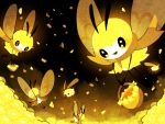  :d antennae basket brown_scarf cutiefly field flower flower_field flying holding insect insect_wings miru_(ao0203) no_humans open_mouth outdoors petals pokemon pokemon_(creature) pokemon_(game) pokemon_sm ribombee scarf smile sparkling_eyes v_arms wings yellow 