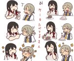  2girls akagi_(kantai_collection) betchan blue_eyes blush brown_eyes brown_hair cake closed_eyes collared_shirt colored comic feeding female flat_color flipped_hair food fork grey_hair hair_between_eyes japanese_clothes kantai_collection long_hair multiple_girls necktie nowaki_(kantai_collection) open_mouth plate school_uniform shirt translation_request uniform upper_body vest white_background 