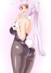  1girl animal_ears ass bare_shoulders black_legwear blush breasts bunny_tail bunnysuit detached_collar detached_sleeves large_breasts long_hair looking_at_viewer looking_back pantyhose ponytail poronegi purple_hair rabbit_ears red_eyes reisen_udongein_inaba shiny shiny_clothes sideboob simple_background solo standing tail touhou 