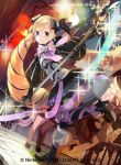  1girl bird blonde_hair blush bow bowtie chicken company_connection copyright_name dress drill_hair earrings elise_(fire_emblem_if) fire_emblem fire_emblem_cipher fire_emblem_if gloves horse indoors jewelry kurosawa_tetsu leg_up long_hair looking_at_viewer looking_back short_dress smile staff thigh-highs twintails violet_eyes 