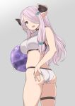  1girl :d adjusting_clothes adjusting_swimsuit ass ball beachball bikini blue_eyes braid breasts cowboy_shot doraf from_behind granblue_fantasy grey_background hair_ornament hair_over_one_eye holding_ball horns impossible_clothes impossible_swimsuit large_breasts lavender_hair long_hair looking_at_viewer looking_back narumeia_(granblue_fantasy) nora_higuma open_mouth pointy_ears side_braid sidelocks simple_background smile solo swimsuit thigh_strap twisted_torso white_bikini 