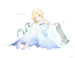  1girl angel_(pixiv14838926) animal aqua_eyes artist_name bird blonde_hair blue_dress braid cape closed_mouth copyright_name dress elsa_(frozen) frozen_(disney) full_body heart high_heels light_smile penguin platinum_blonde see-through shoes side_braid sitting white_background white_dress 