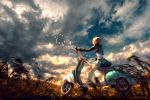  1girl artist_name bird blonde_hair clouds cloudy_sky commentary cropped_jacket day ground_vehicle moped original pleated_skirt short_hair skirt sky solo watermark web_address wenqing_yan 