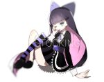  1girl ;o bangs black_hair blunt_bangs blurry bow character_name dress female full_body gothic_lolita hair_bow hand_on_own_cheek isago_meshi lolita_fashion long_hair long_sleeves multicolored_hair one_eye_closed panty_&amp;_stocking_with_garterbelt pink_hair single_thighhigh sitting solo stocking_(psg) striped striped_legwear symbol-shaped_pupils thigh-highs two-tone_hair very_long_hair white_background 