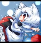  1girl animal_ears falling hat inubashiri_momiji inunoko. open_mouth red_eyes signature skirt tail tokin_hat touhou white_hair wolf_ears wolf_tail 