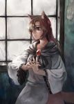  1girl animal_ears bangs broken_window brooch brown_hair closed_mouth collarbone cowboy_shot dress expressionless from_side highres imaizumi_kagerou interlocked_fingers jewelry kukkuru long_sleeves looking_away nail_polish red_eyes red_nails solo tail touhou wide_sleeves wolf_ears wolf_tail 