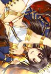  1girl 2f_sq armlet bare_shoulders brown_hair crown detached_sleeves earrings fate/grand_order fate_(series) female gem hair_ribbon highres hoop_earrings ishtar_(fate/grand_order) jewelry long_hair lying navel on_back pelvic_curtain revealing_clothes ribbon round_teeth single_sleeve single_thighhigh smile solo strapless thigh-highs tohsaka_rin two_side_up upside-down yellow_eyes 