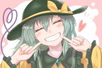  1girl ayoan_(oh)3 blush closed_eyes green_hair grin hat heart heart_of_string komeiji_koishi long_sleeves smile solo touhou 