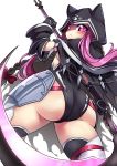  1girl animal_hood ass braid cape cat_hood collar fate/grand_order fate_(series) gloves highres hood huge_ass leotard long_hair looking_back medusa_(lancer)_(fate) purple_hair rayno rider scythe solo thigh-highs very_long_hair violet_eyes weapon 