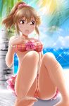  1girl beach bikini brown_eyes brown_hair eva_16-gouki hori_yuuko idolmaster idolmaster_cinderella_girls idolmaster_cinderella_girls_starlight_stage ocean open_mouth palm_tree plaid plaid_bikini ponytail short_hair sitting surprised swimsuit tree 