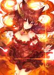  1girl animal_ears anthuria arm_at_side bare_shoulders breasts corset detached_sleeves dress erun_(granblue_fantasy) fire floating_hair gradient_hair granblue_fantasy hair_between_eyes hair_ornament highres jewelry large_breasts light_smile long_hair looking_at_viewer multicolored_hair off-shoulder_dress off_shoulder orange_hair outstretched_hand red_dress red_eyes redhead short_dress sweetroad 