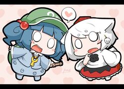  2girls animal_ears blue_hair blush_stickers bone fang hair_bobbles hair_ornament hat heart heart_background heart_pattern inubashiri_momiji inunoko. kawashiro_nitori key_necklace multiple_girls o_o open_mouth short_hair signature skirt smile spoken_heart tail tokin_hat touhou white_hair wolf_ears wolf_tail 