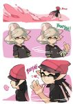  +_+ 2girls aori_(splatoon) beanie black_hair black_shirt black_shorts blush brown_eyes casual closed_mouth comic cousins english female_inkling flying_sweatdrops grey_hair hat headband heart hotaru_(splatoon) inkling long_hair looking_back mole mole_under_eye multiple_girls one_eye_closed paint_splatter parted_lips print_shirt purple_hat shirt short_hair short_over_long_sleeves shorts single_vertical_stripe sitting smile splatoon standing striped striped_shirt tentacle_hair thumbs_up waving wong_ying_chee 