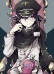  1boy asuna_(doruru-mon) cape chair closed_mouth dangan_ronpa hat highres looking_at_viewer male_focus military_hat new_dangan_ronpa_v3 ouma_kokichi outstretched_arm pale_skin peaked_cap purple_hair smile soda soda_bottle solo straitjacket violet_eyes 