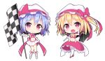  adapted_costume bandeau bare_shoulders black_umbrella blonde_hair blue_hair boots bow checkered checkered_flag chibi choker commentary_request elbow_gloves fang flandre_scarlet full_body gloves hair_between_eyes hat hat_bow looking_at_viewer midriff no_nose open_mouth red_bow red_shoes remilia_scarlet shoes side_ponytail simple_background skirt skirt_lift smile touhou violet_eyes white_background white_boots white_bow white_gloves white_hat white_legwear white_skirt yaki_mayu yellow_bow 
