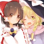  2girls ;d alternate_costume blonde_hair blush bow bowtie brown_eyes brown_hair hair_bow hair_tubes hakurei_reimu hat hug kirisame_marisa kosencha long_hair looking_at_viewer multiple_girls one_eye_closed open_mouth parka scarf short_hair side-by-side smile touhou winter_clothes witch_hat yellow_eyes 