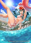  1girl ass beach_chair beach_umbrella bikini blue_eyes bracelet clouds company_connection copyright_name day fire_emblem fire_emblem_cipher fisheye flower frilled_bikini frills gen&#039;ei_ibunroku_sharp_fe green_hair hair_flower hair_ornament hairclip i-la innertube intelligent_systems jewelry lens_flare long_hair nintendo open_mouth oribe_tsubasa pink_bikini pool sky smile swimsuit umbrella water 