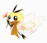  brown_scarf closed_mouth flower flying insect insect_wings koeda_(mofun) looking_at_viewer no_humans pokemon pokemon_(creature) pokemon_(game) pokemon_sm ribombee simple_background smile solo twitter_username white_background wings 